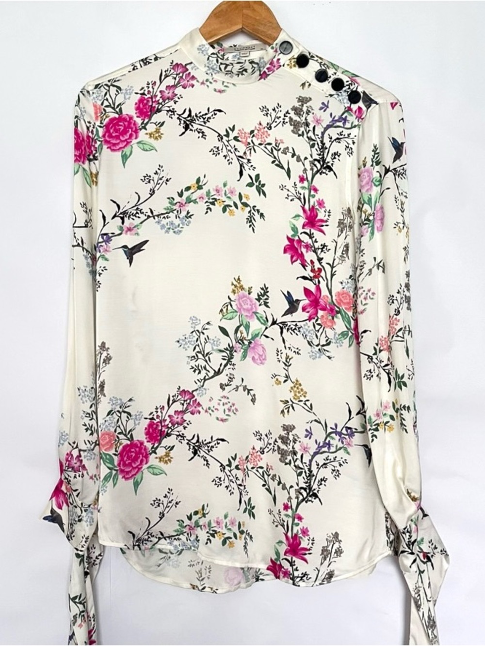 Equipment Avelaine Floral Print Mockneck Blouse Tie Wrists Size XS Ivory Multi